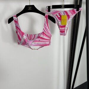 Emilio Pucci's new two-piece outfit, color-blocked print in pink.